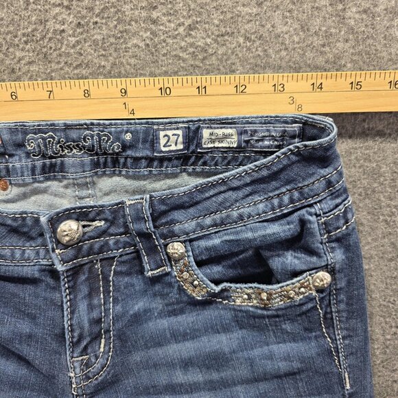 Miss Me Jeans Womens 27 Blue Mid Rise Easy Skinny Embellished Raw Hem *Cut off* - Picture 7 of 10